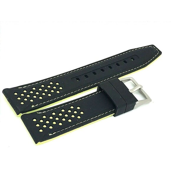 Mens Watch Band Replacement Black Yellow Rubber Strap 22mm Lug Silver Bu… - Picture 1 of 8